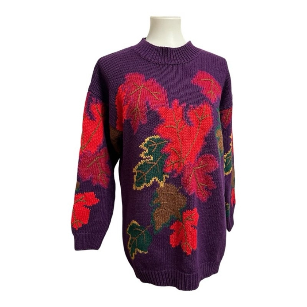 Vintage Women's Chunky Knit Sweater Purple Leaves Fall Sweater Size 8 Me… - Picture 2 of 15